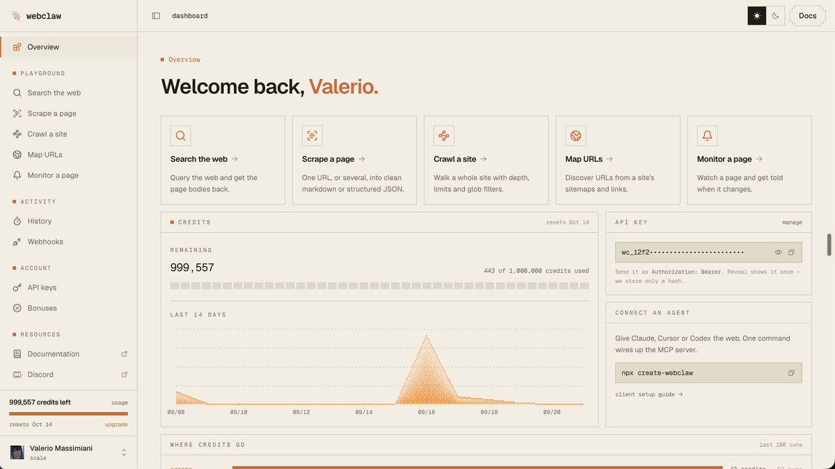 Webclaw dashboard showing 999,557 API credits remaining, a 14-day usage chart, an API key panel and one-command MCP agent setup.
