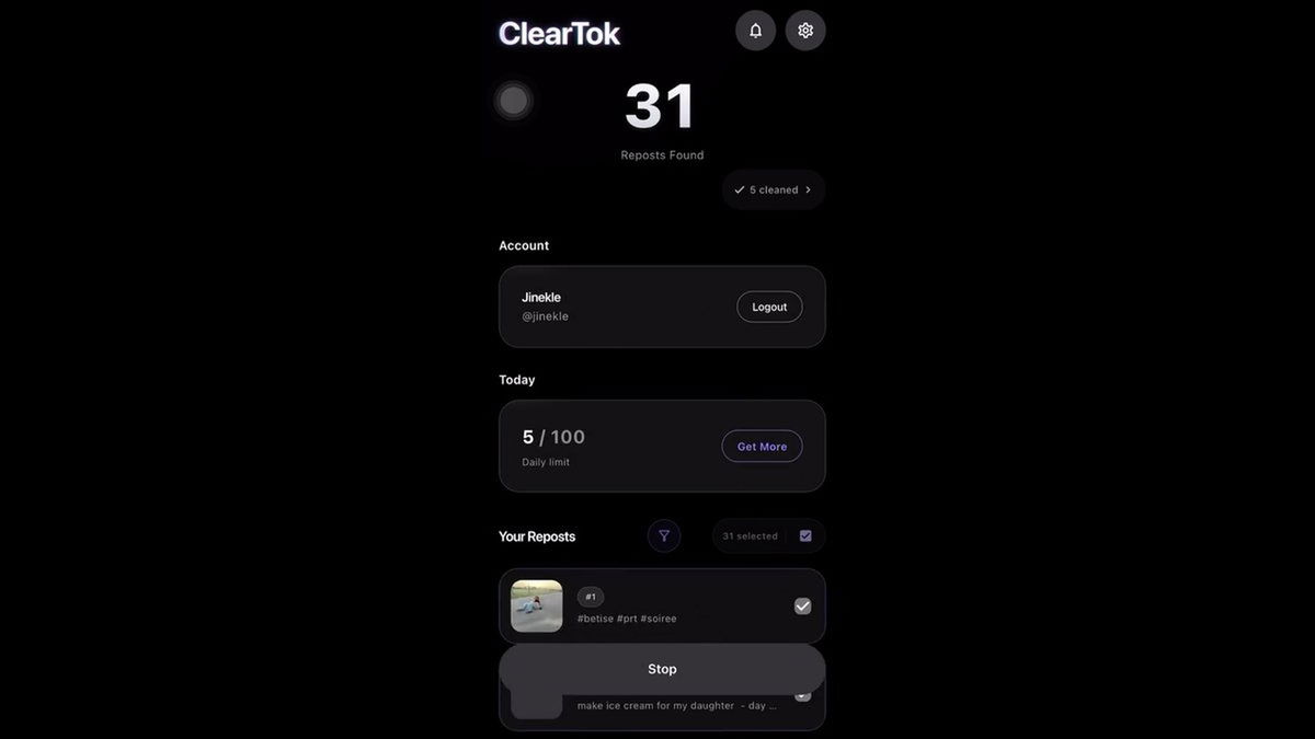 ClearTok TikTok repost cleanup interface showing multiple reposts selected for bulk removal with daily cleanup limits and account management
