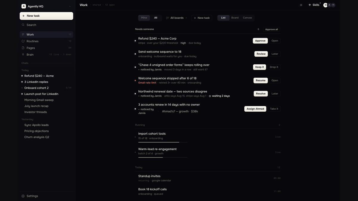 Agently work list where agents queue refunds, replies and follow-ups for one-click approval