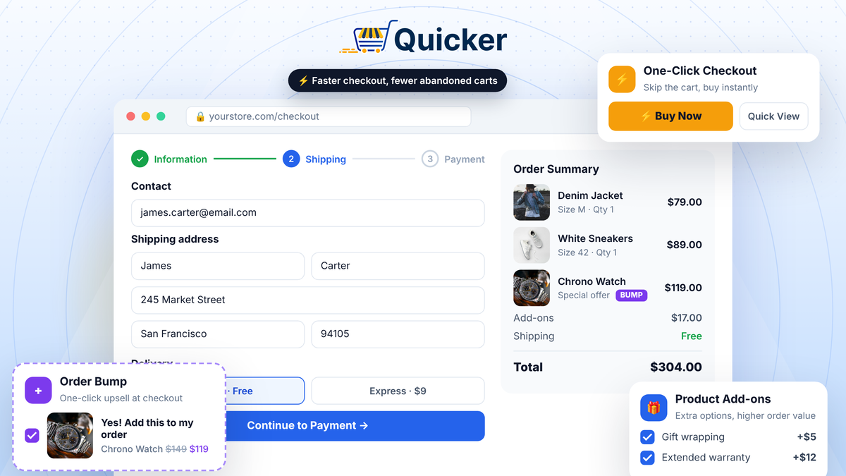Quicker checkout field editor, one-click checkout and side cart for WooCommerce