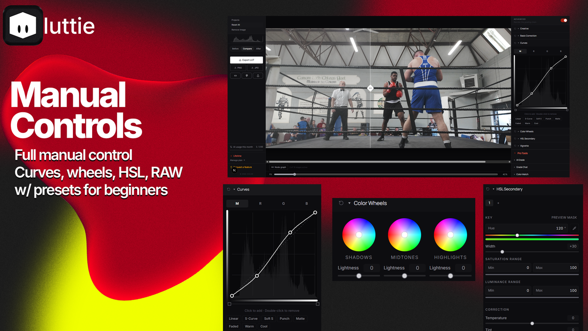 Manual Controls. Take control of curves, hsl, etc. Presets avaiable for beginners to color grading