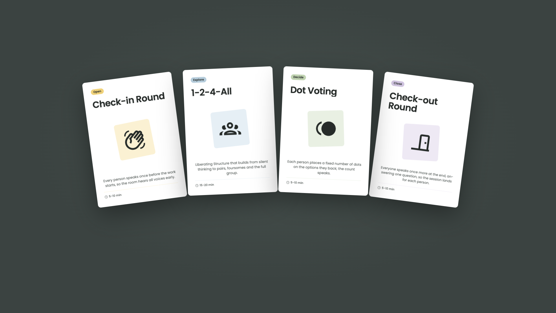 Printable METODIC method cards for check-in, 1-2-4-All, dot voting and check-out