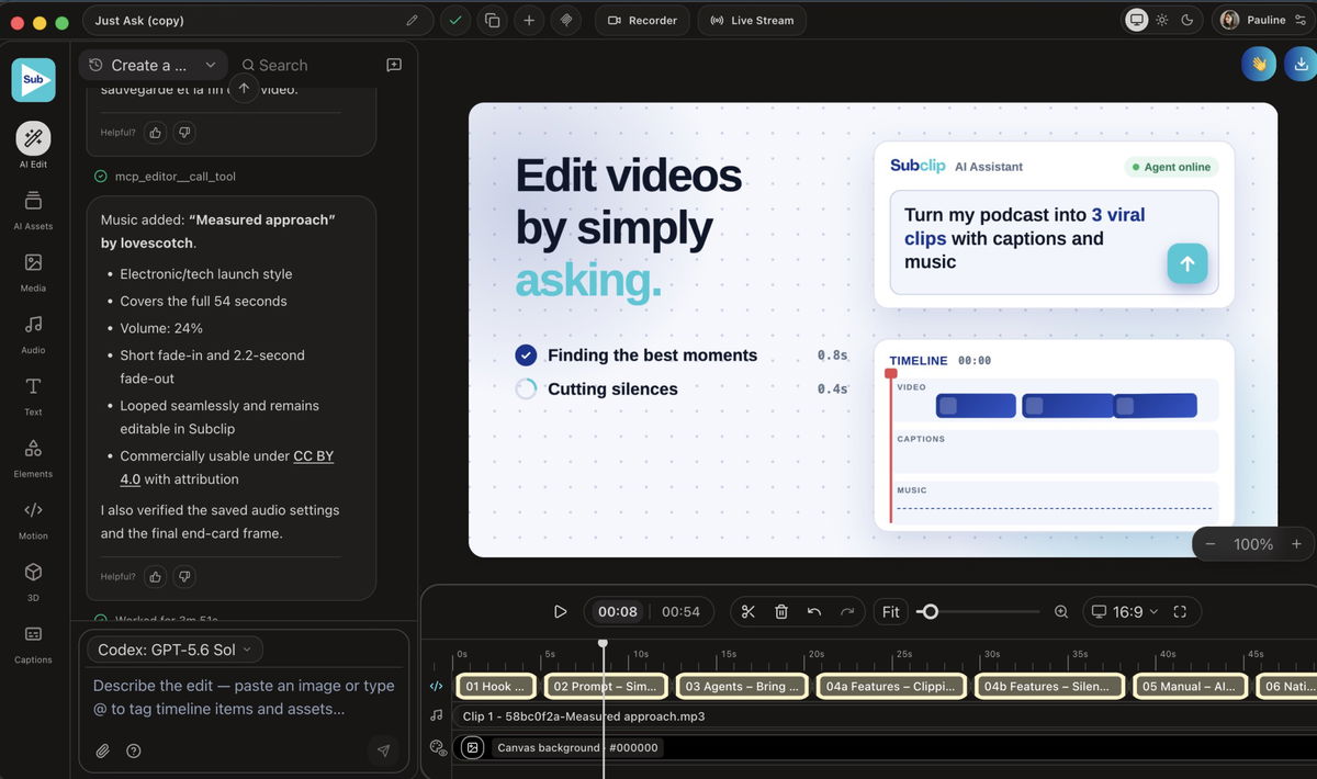 Subclip’s Mac editor showing the AI assistant, video preview, and multitrack editing timeline.
