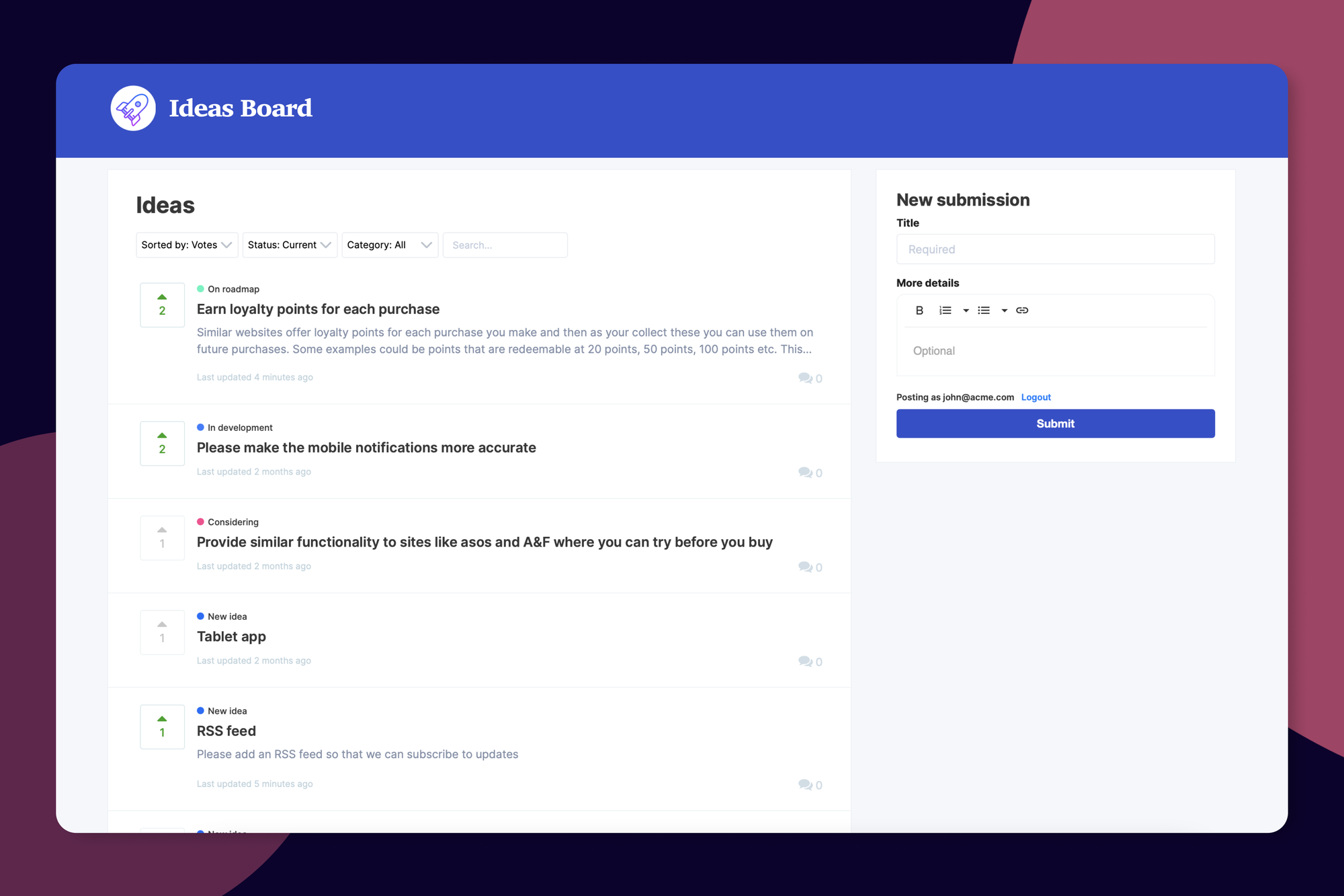 Customer ideas dashboard