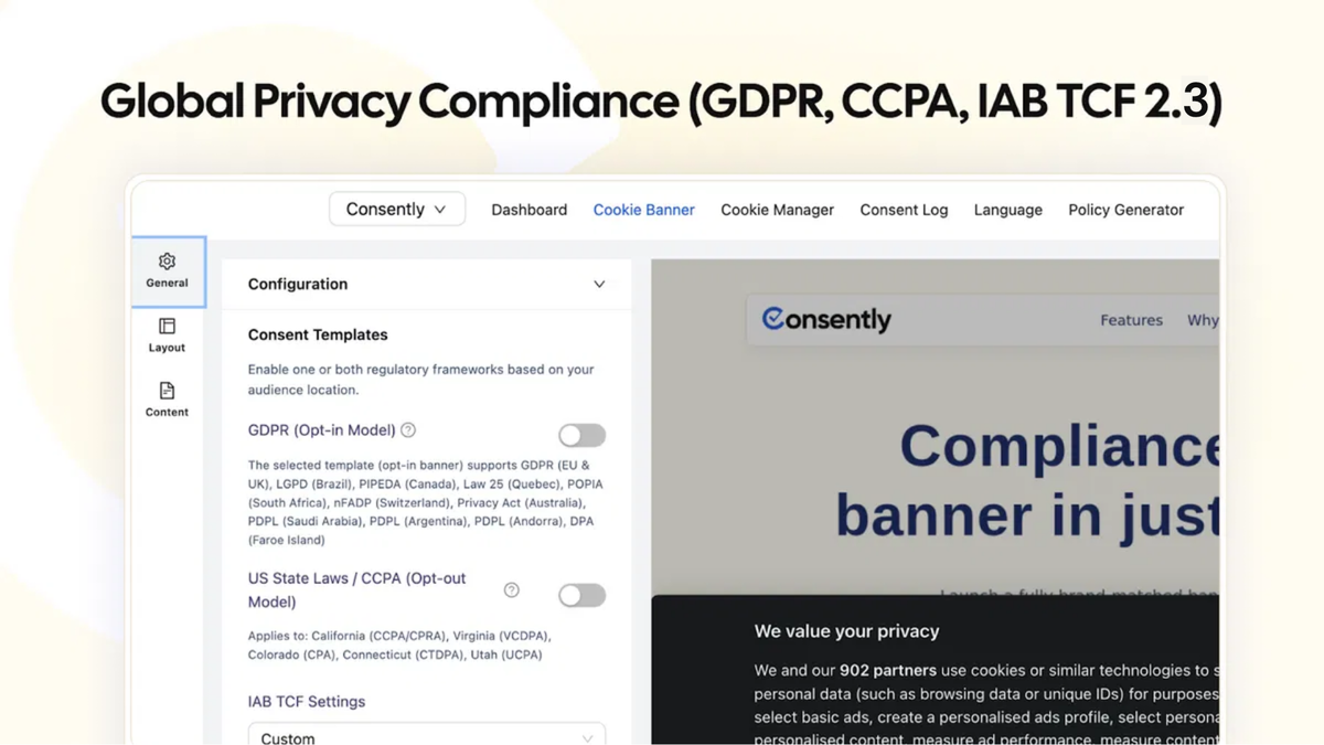 Global privacy compliance settings