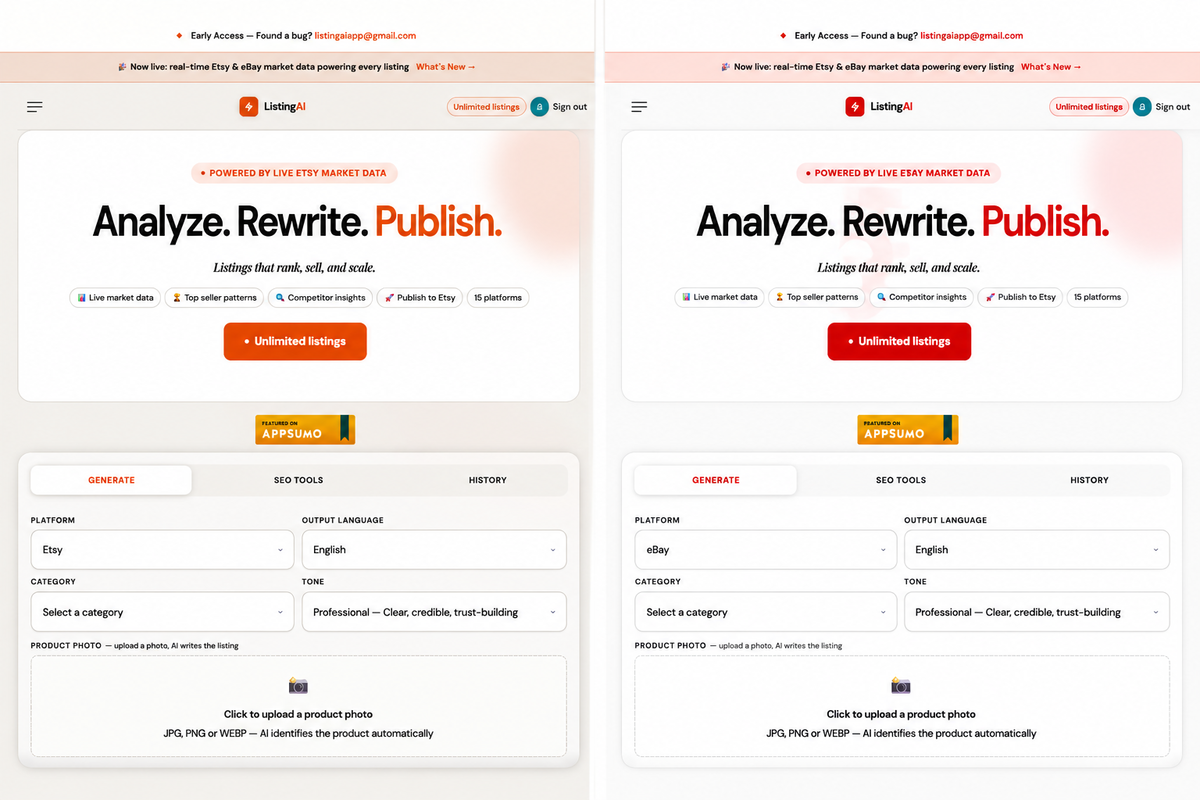ListingAI platform selection - Generate listings for Etsy, Amazon, eBay and 15 platforms