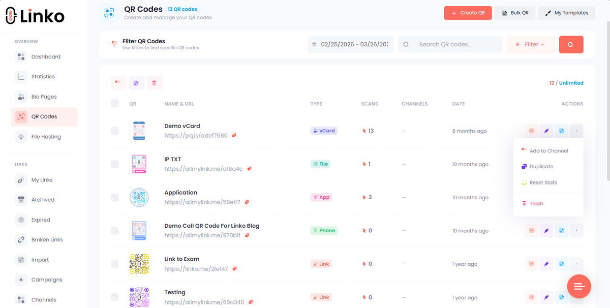 Generate and manage dynamic QR codes for links, vCards, files, and more.