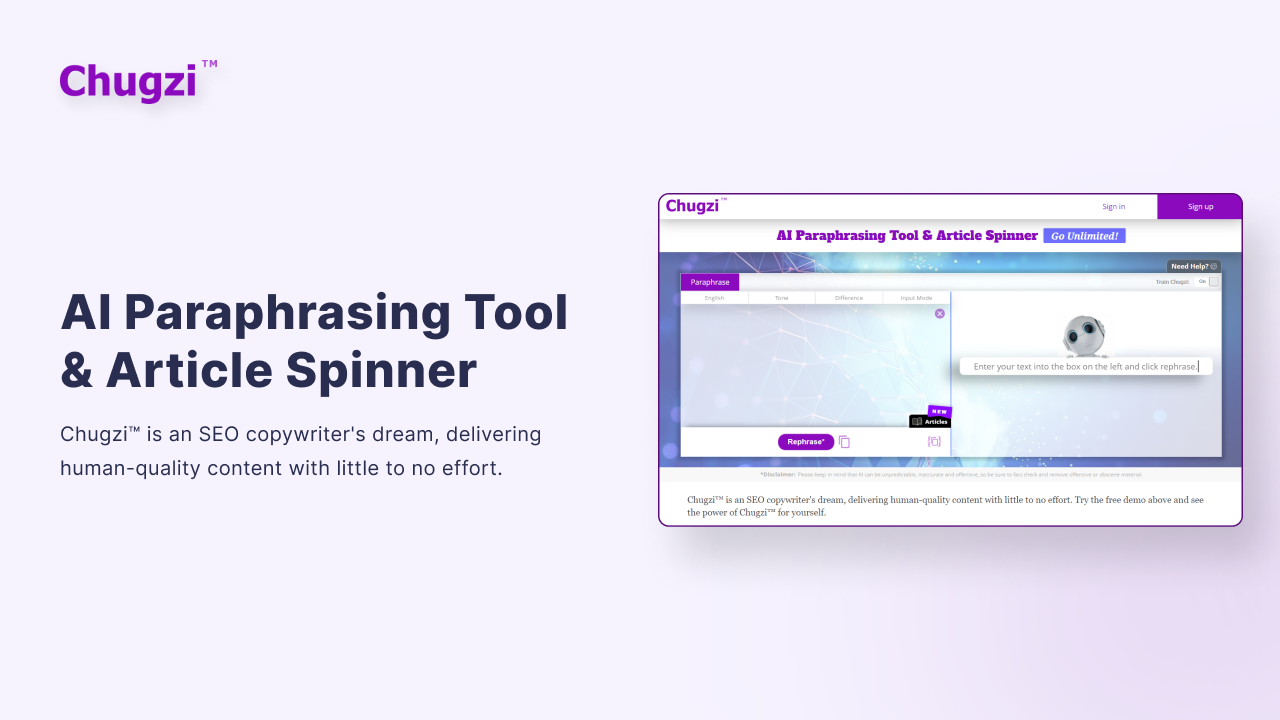 Chugzi Unlimited Paraphrasing Tool & Article Spinner