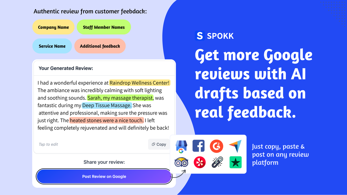 Ready-to-post AI review drafts built from real customer feedback