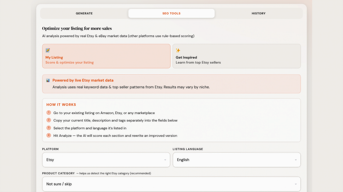 ListingAI homepage - Analyze. Rewrite. Publish. AI listing generator