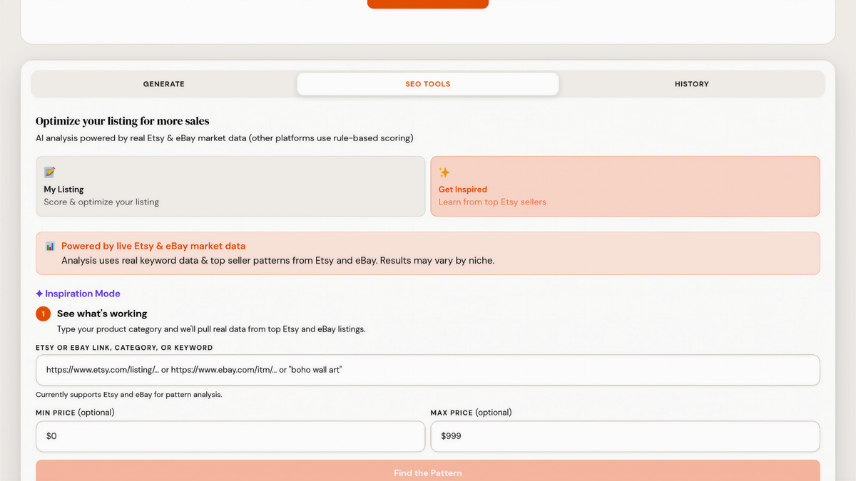 ListingAI SEO Tools - Competitor analysis powered by live Etsy market data