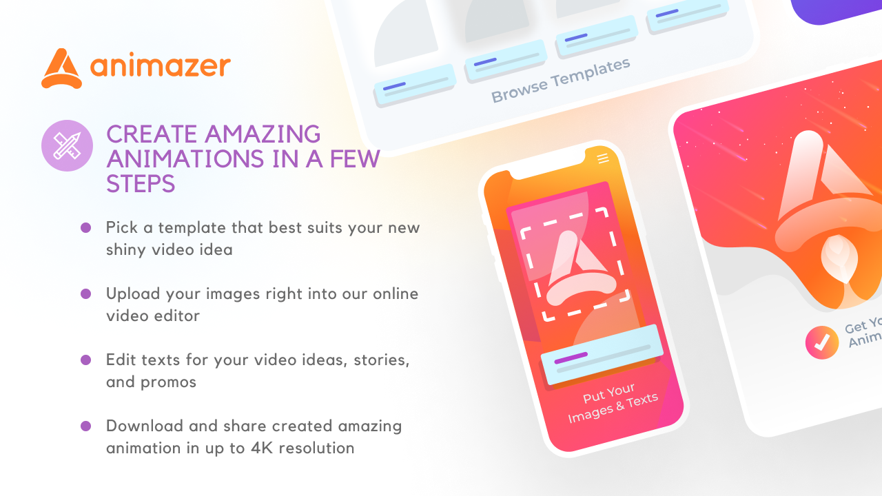 Animazer interface showing easy video creation process