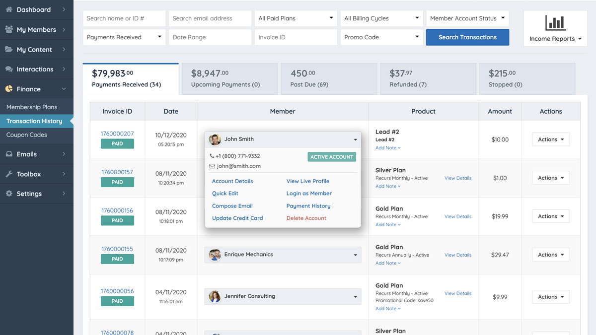 Admin transaction history dashboard