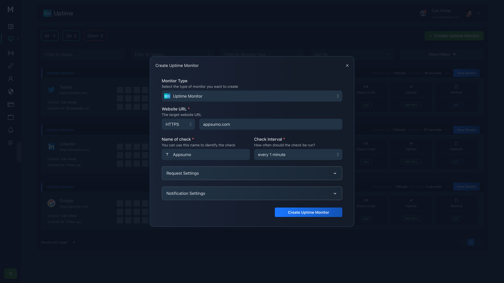 Uptime monitor creation