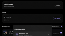 ClearTok TikTok repost filters screen showing options to remove reposts by date, keep recent reposts, and select reposts from specific creators thumbnail