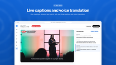 Voicina live session showing a speaker on stage with real-time Spanish captions, a live English-to-Spanish transcript, audience language breakdown and viewer options for captions or voice translation. thumbnail