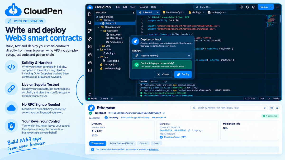 Write and deploy Web3 smart contracts to a live testnet in one click, no RPC signup required
