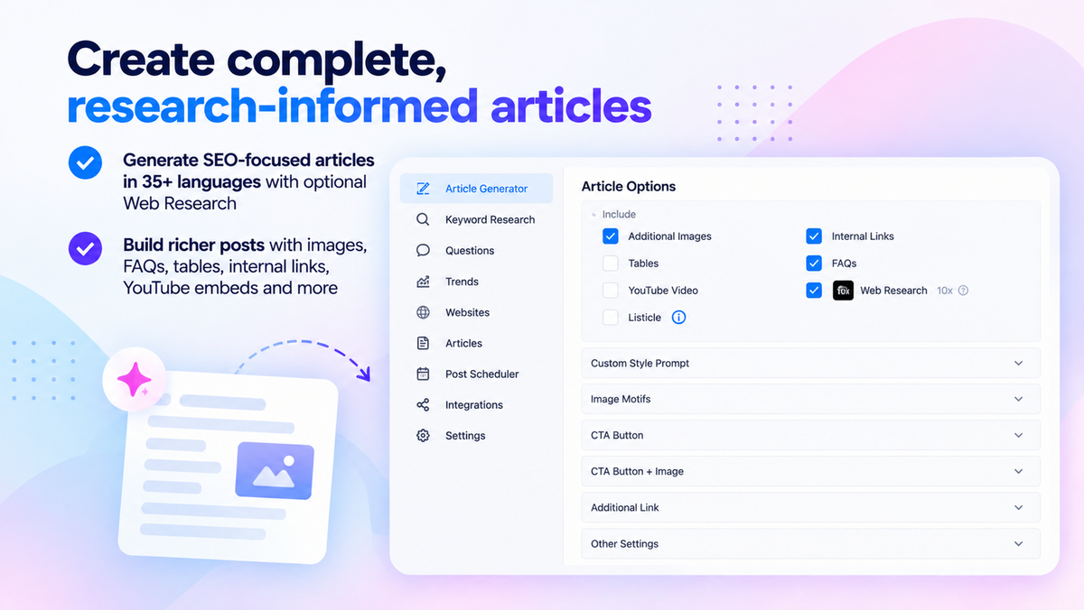 WPAutoBlog article generator with Web Research, images, FAQs, tables, and content options