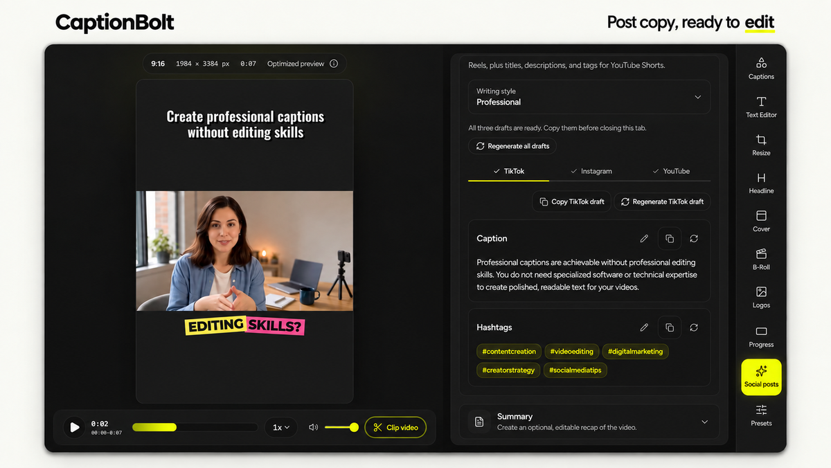 Editable social post draft