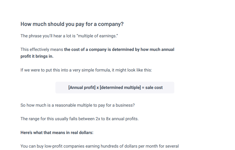 Page with formula for cost of company