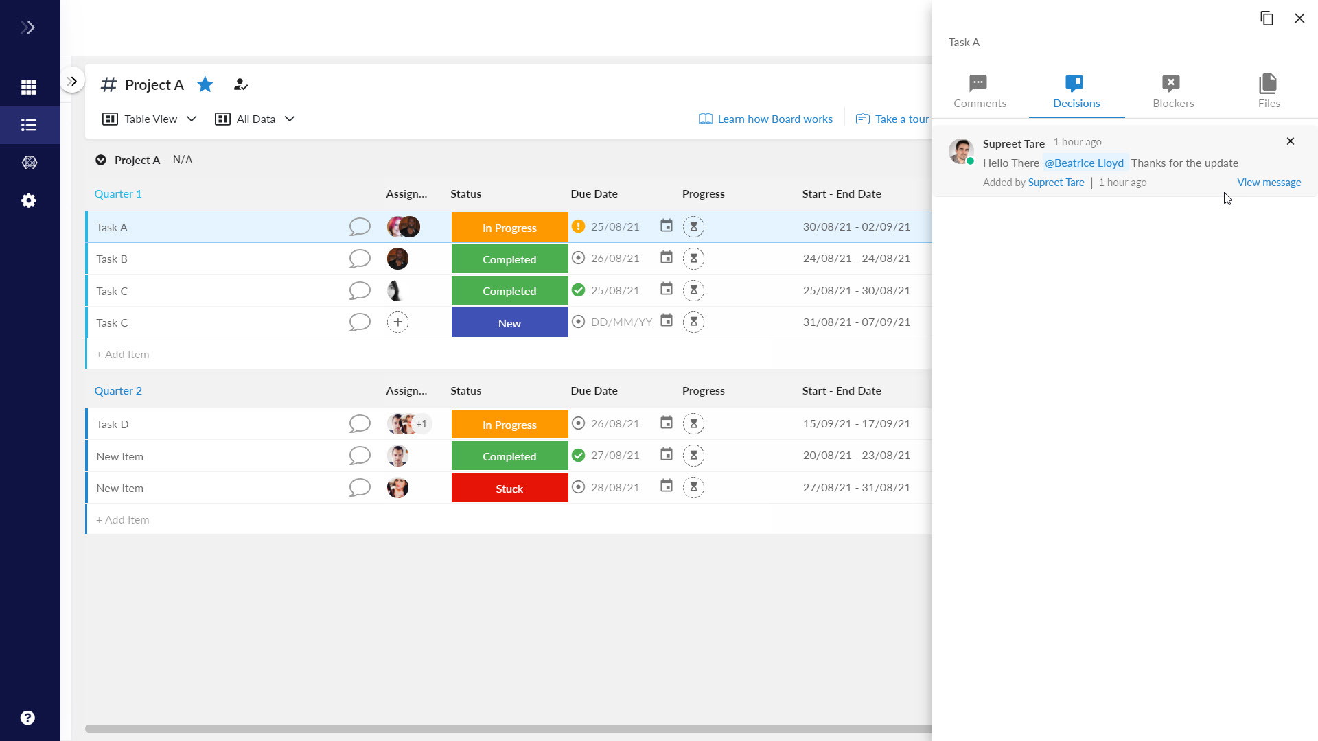 Task status and comments