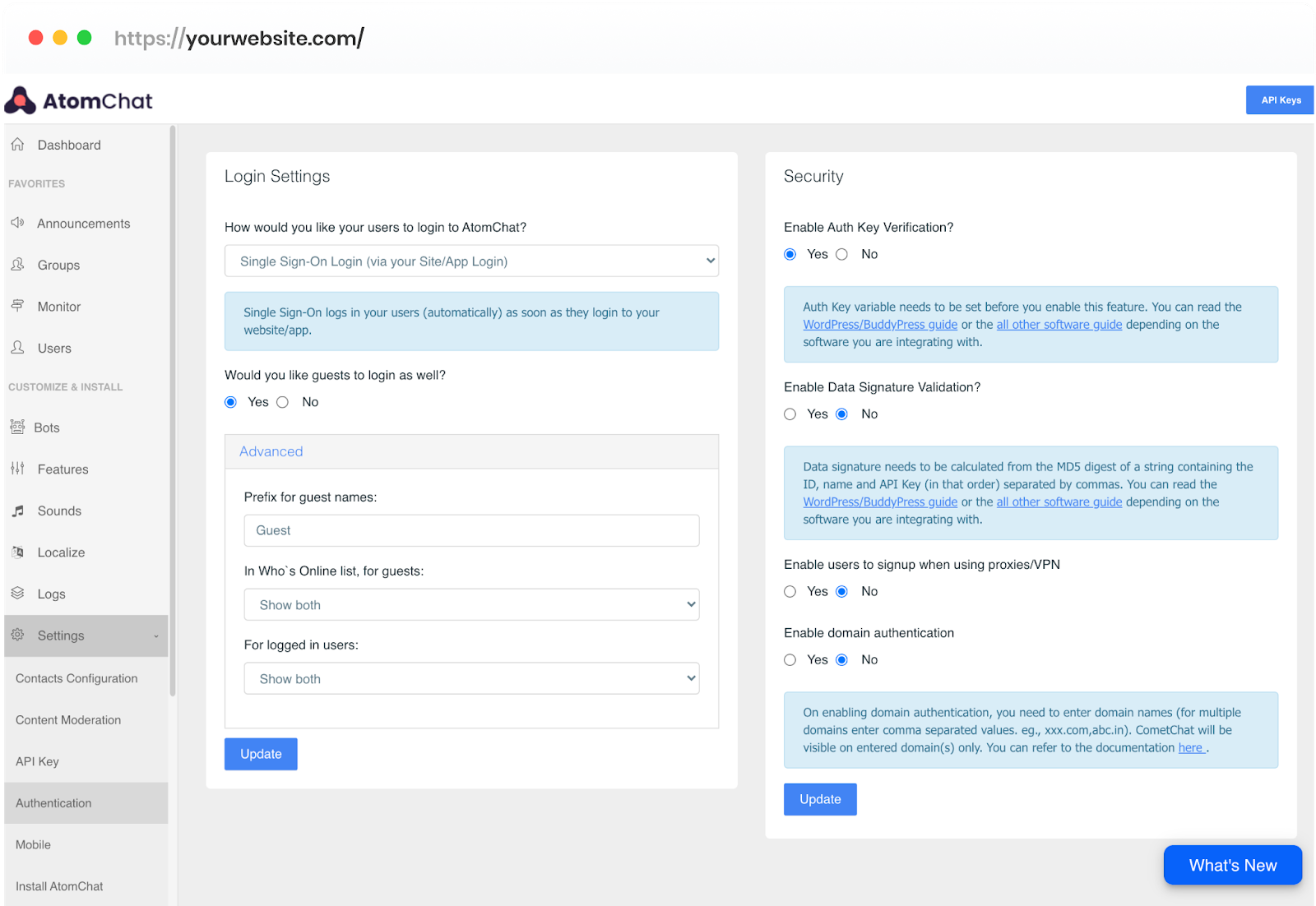 Adjustable security settings