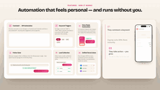 “Automation that feels personal — and runs without you.” Six cards demo Comment to DM, keyword triggers, story replies, Follow Gate, lead capture and inbox beside a phone showing comment, auto-DM and results. thumbnail