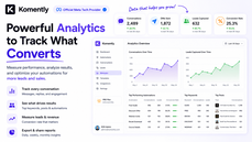Track Instagram and Facebook automation performance with Komently's analytics dashboard. Monitor comment-to-DM campaigns, leads captured, conversion rates, keyword performance, link tracking, and campaign insights to optimize social media lead generation thumbnail