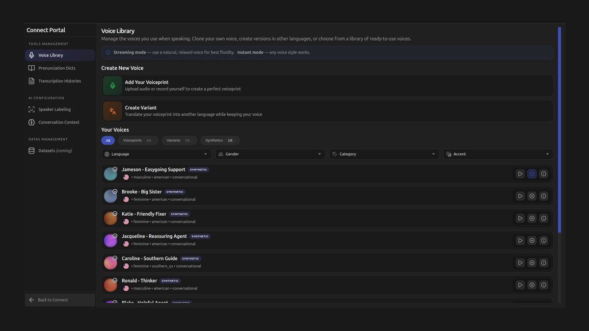 Connect Voice Library showing voiceprint cloning, voice variants, and a list of synthetic voice profiles