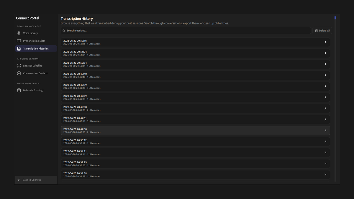 Connect Transcription History listing past translated sessions with timestamps and utterance counts
