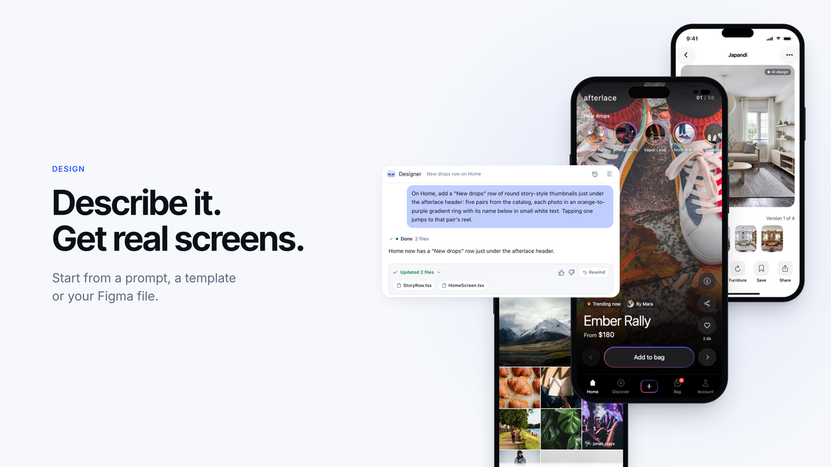FluxNative chat prompt adding a New drops row, next to the finished sneaker app and two other app templates.