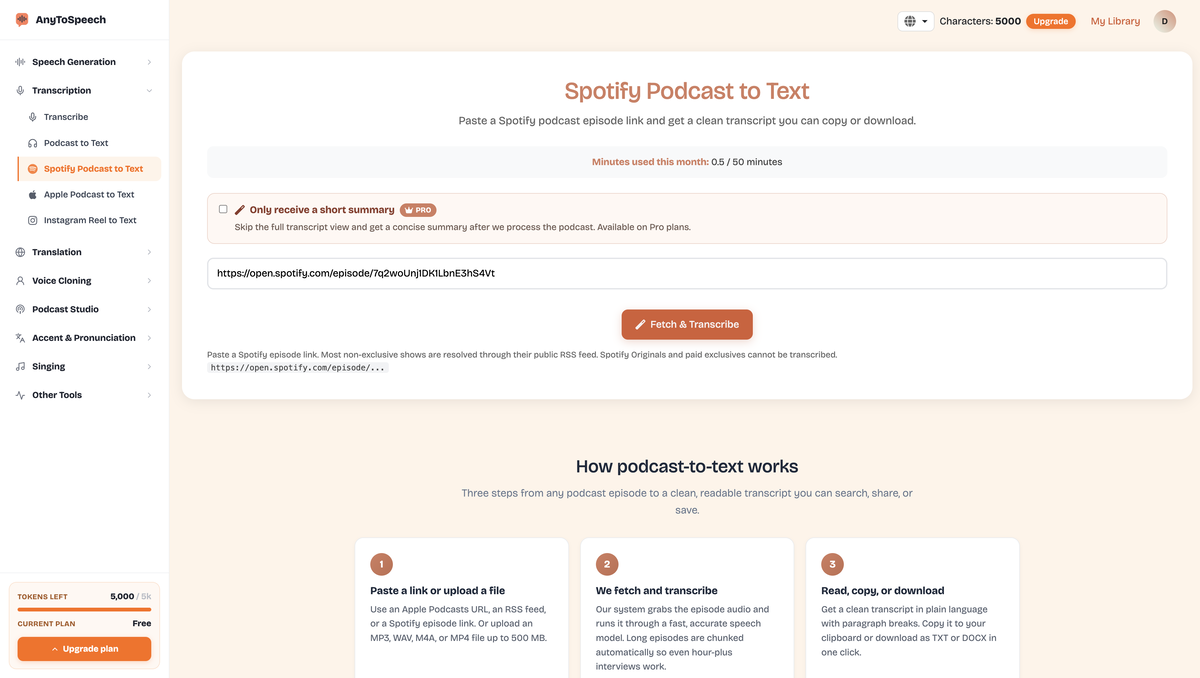 Spotify & podcast transcription