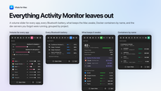 Four Vitals dropdown tabs side by side: a volume slider per app, Bluetooth batteries, what keeps the Mac awake, and Docker containers thumbnail