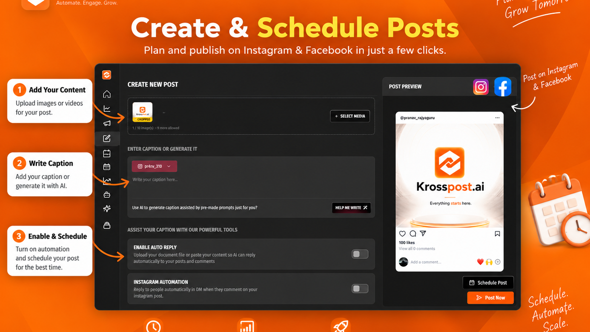 KrossPost.ai dashboard for creating and scheduling Instagram and Facebook posts, with media upload, AI caption generation, automation settings, post preview, and scheduling controls.