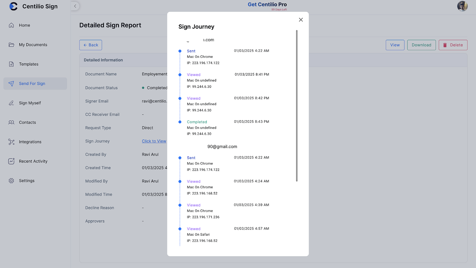 Sign journey report
