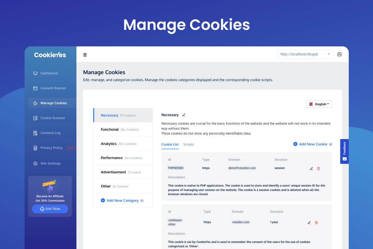 Manage cookies screen