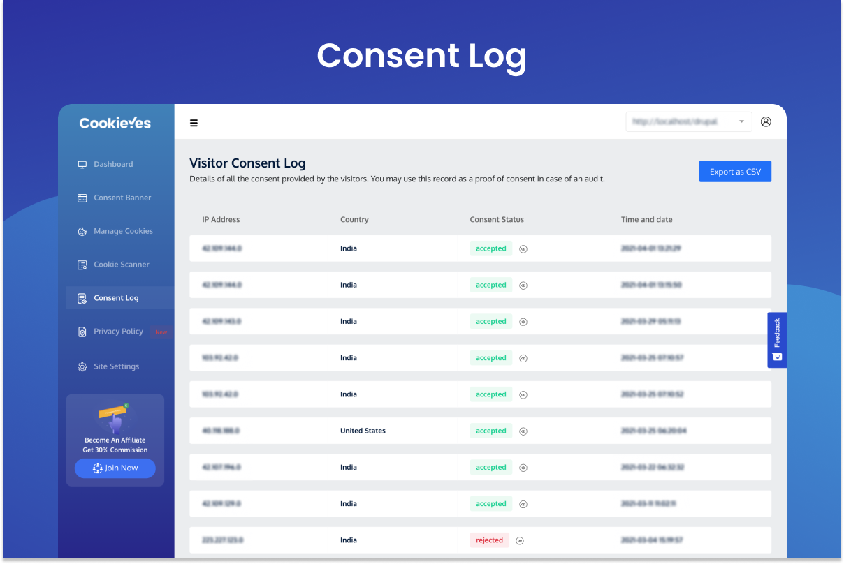 Visitor Consent Log Screen