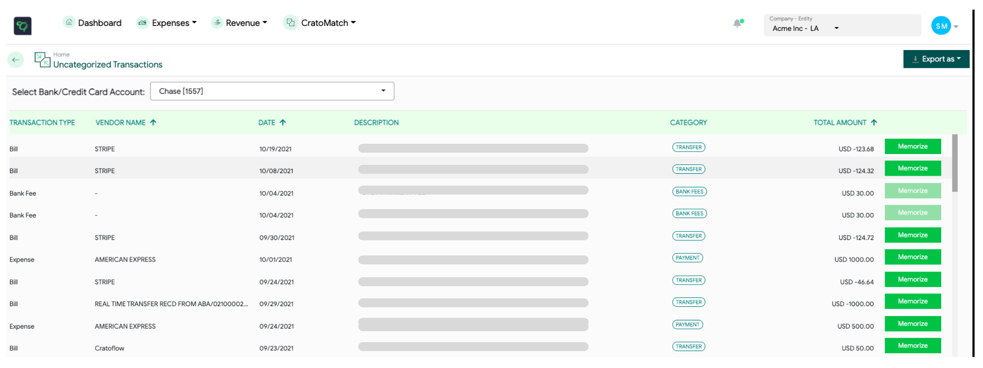 bank and credit card transaction screen