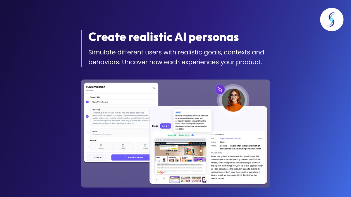Synthers AI simulation setup with an AI persona testing a website journey and identifying a UX issue.