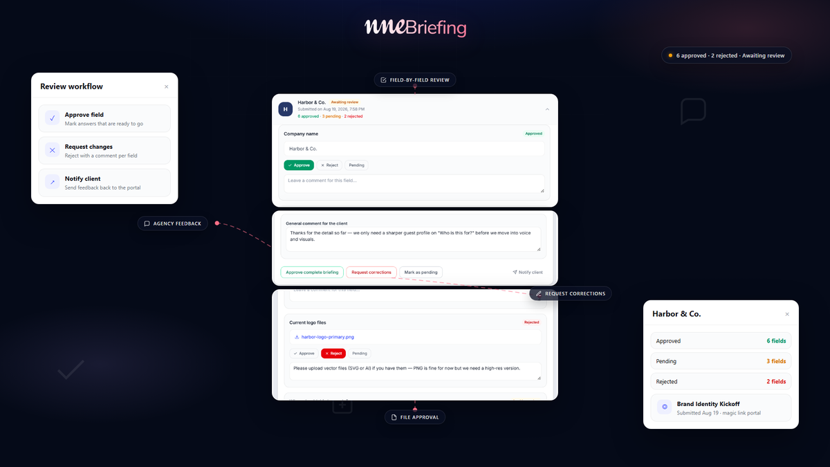 Agency review workflow in NNEBriefing: field-by-field approve/reject, agency feedback, file approval with comments, and request corrections on client submissions.