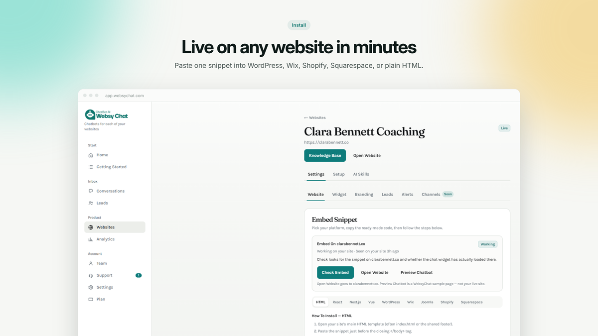 Live on any website in minutes