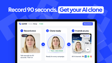 Three steps in Outvid: talk naturally for 90 seconds, your face and voice are cloned, and your clone sends personalized videos on email, LinkedIn, WhatsApp and Instagram thumbnail