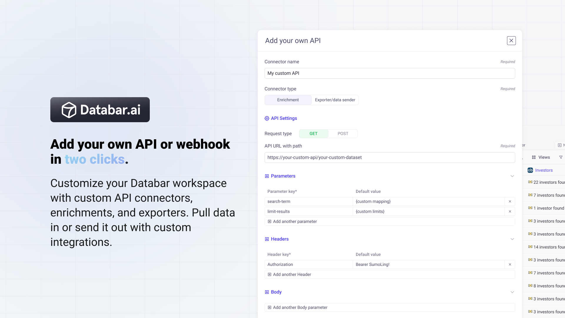 Custom webhook and API