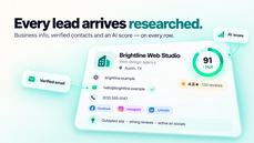 "Every lead arrives researched." A LeadsAgent lead profile for a sample web design agency with address, website, verified email, phone, social profiles, star rating and an AI score of 91 (Hot). thumbnail