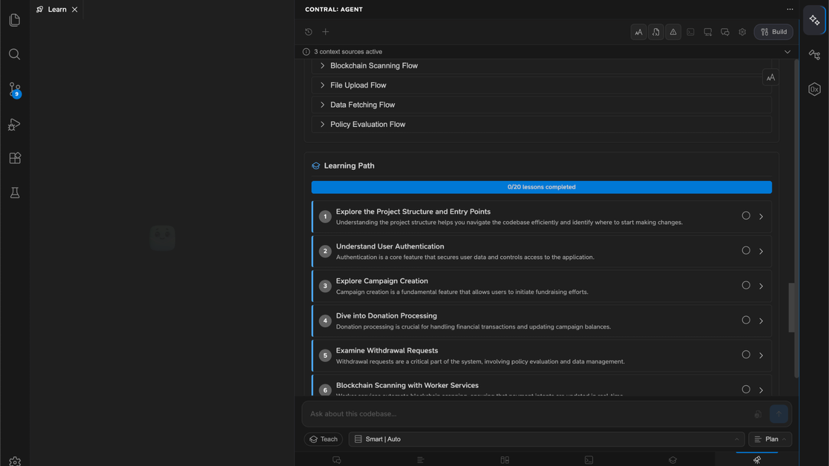 Codebase Analyzer: Contral’s codebase analyzer mapping a project’s structure and generating a personalized learning path based on the codebase.