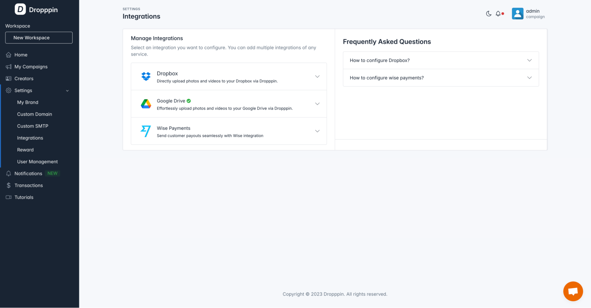 Integrations dashboard