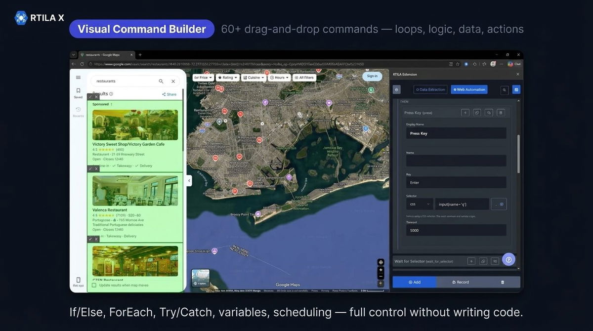RTILA X visual command builder with drag-and-drop automation commands for creating reliable no-code web workflows.