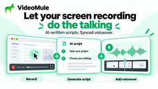 Illustration of a screen recording becoming an AI-written script and synced voiceover in VideoMule. thumbnail