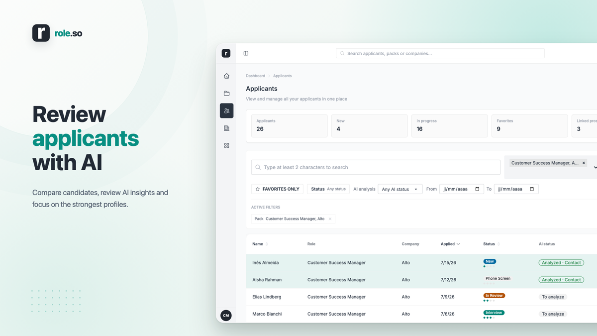 Role.so applicant dashboard showing filters, candidate statuses, and AI analysis results in one centralized inbox.