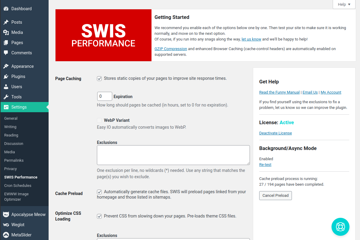 Settings for site speed